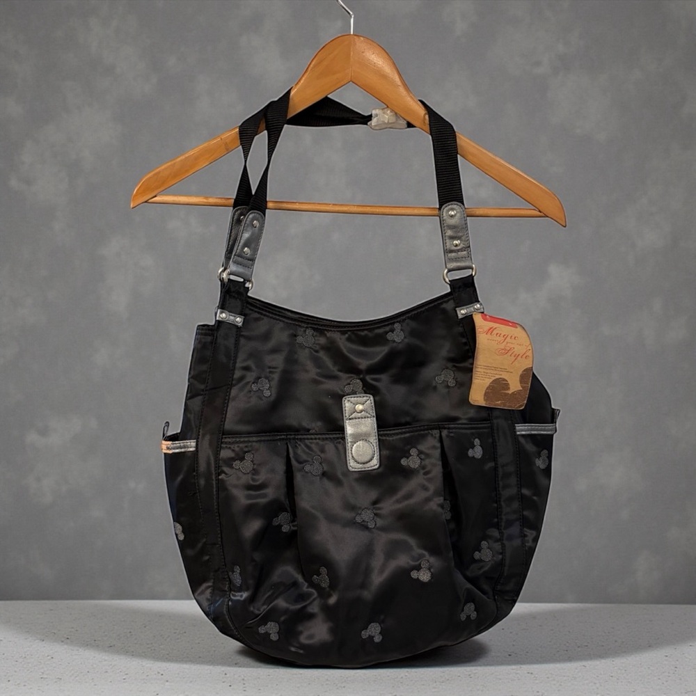 BLACK MICKEY MOUSE SATIN NYLON SHOULDER BAG TOTE